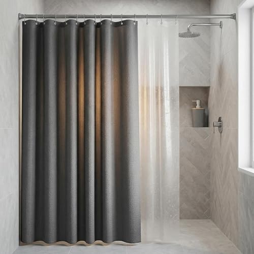 Bathroom Accessory Set 7 Pcs, Plastic Bathroom Set with Bamboo Cover Include Soap Dish, Toothbrush Holder, Mousewash Cup, Shower Curtain Set, Soap Dispenser, Trash Can & Toilet Brush - color: Grey, size: 7pack