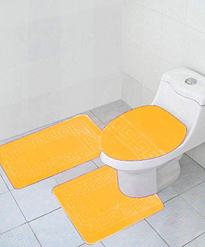 WPM WORLD PRODUCTS MART 3 Piece Bath Rug Set Pattern Bathroom Rug (20"x32")/Large Contour Mat (20"x20") with Lid Cover (Yellow) - color: Yellow