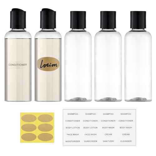 Travel Bottles for Toiletries 3.4 oz TSA Approved - 5 Pack Leak Proof Travel Size Containers, Clear Squeezable Plastic Bottles with Labels for Shampoo Lotion, Flight Cruise Gym Essentials - color: Clear