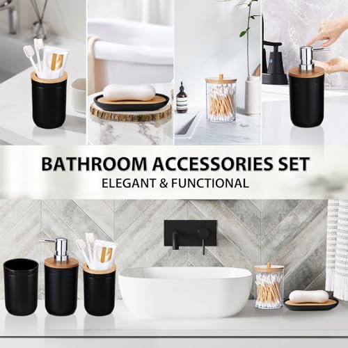 iMucci Bathroom Accessories Set 5Piece Black Bathroom Sets, Toothbrush Holder, Toothbrush Cup, Lotion Soap Dispenser, Soap Dish and Qtip Holder Bathroom Decor - style: Black