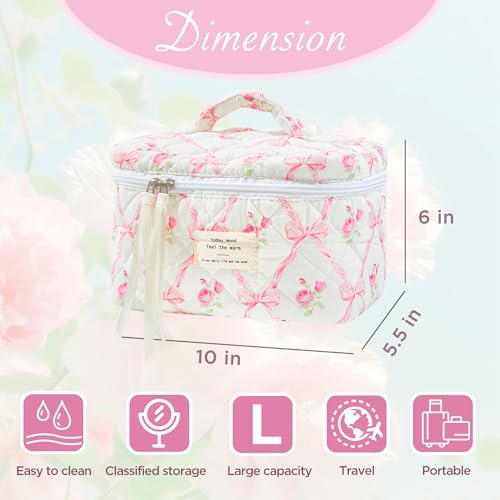 Sminra Makeup Bag Large Travel Quilted Cosmetic Bag Organizer, Floral Cotton Coquette Aesthetic Toiletry Bag Gift for Women Girls (Pink Bow Flowers-L) - color: Pink Bow Flowers-L