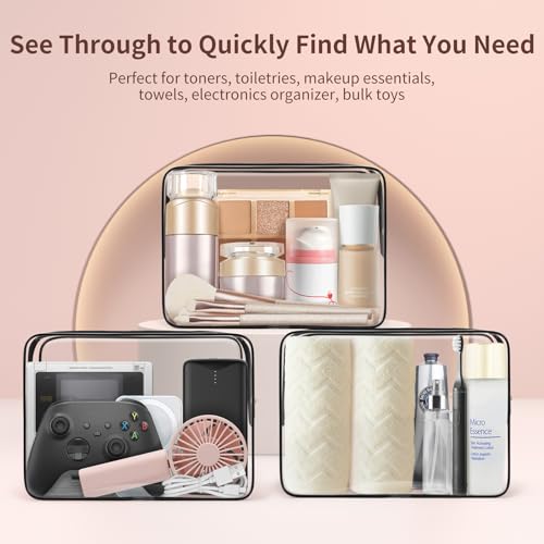 TISRATOK 12 PCS Clear Makeup Bag for Women with Zipper, TSA Approved Toiletry Pouch, Cosmetic Bag Bulk for Travel Organizer Essentials - Black,Large - color: Black, size: Large