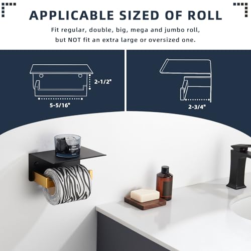 Angle Simple Toilet Paper Holder with Shelf, 304 Stainless Steel Bathroom Tissue Roll Holder for Wall Black and Gold - color: Black & Gold, size: Single Rod
