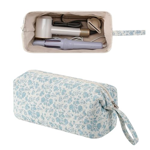 RSRSLEII Large Quilted Hair Tools Travel Bag with Floral Pattern,Hair Styling Accessories Storage Case for Flat Irons,Straightener,Curling Iron,Hair Dryer,Portable Organizer (08 Blue Flower) - color: 08 Blue Flower