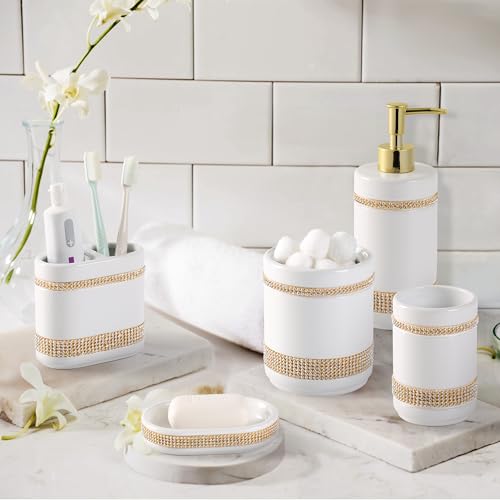 RQYIXI Bathroom Accessories Set with Diamonds 5 Pieces Toothbrush Holder Soap Dispenser Ceramic Bathroom Accessory Set Contain Cotton Swab Jar Toothbrush Cup Soap Dish Tumbler - color: White-set With Diamonds