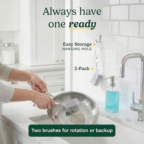 Cuisinart Dish Brush with Handle, 2 Pack, Firm Bristles | Multi-purpose dish scrubber for plates, pots, and pans, deep cleaning removes grease, safe for nonstick, built-in scraper - color: Rectangular- Light Gray