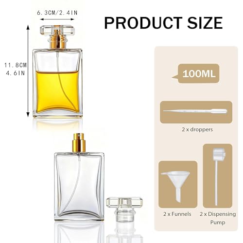 YU FENG 2 Pack 100ml Glass Perfume Spray Bottles, Clear Refillable Atomizer | Clear Glass Design, Gold Sprayer With Transparent Cap, Fine Mist Spray, Refillable Bottle For Perfume And DIY Use - style: Clear Glass