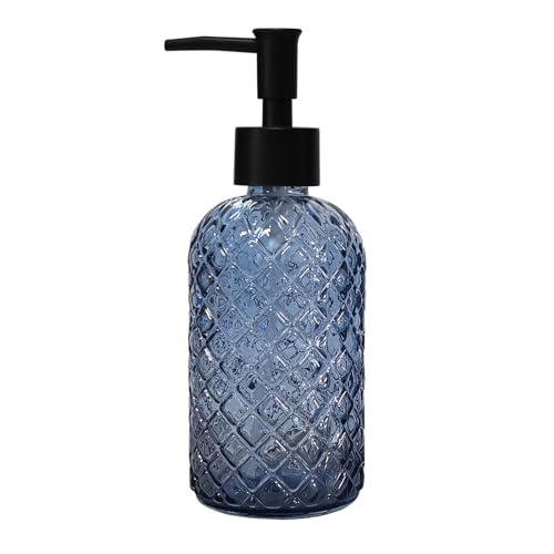 Blue Glass Dish Soap Dispenser for Kitchen, 12oz Refillable Liquid Hand Soap Dispenser Set, Crystal Lotion Bottle for Modern Home Decor, Bathroom Countertop, Hotel - color: Dark Blue