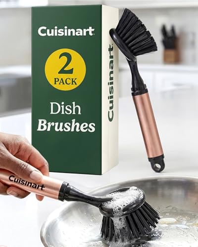 Cuisinart Dish Brush with Handle, 2 Pack, Firm Bristles | Multi-purpose dish scrubber for plates, pots, and pans, deep cleaning removes grease, safe for nonstick, round head - color: Round-black Metallic