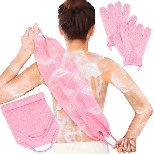 Anezus Exfoliating Shower Bath Gloves Back Scrubber Set for Body, Face, Shower, Bath, Scrub and Exfoliator (Pink) - color: Pink