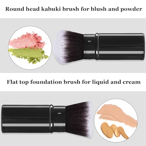 Retractable Kabuki Brush, 2 Pack Travel Foundation Face Makeup Brush Set | Powder Makeup Brushes for Blush, Liquid, Cream, Cosmetics, Loose Powder, Bronzer, with Aluminum Handle, Cover - color: Black