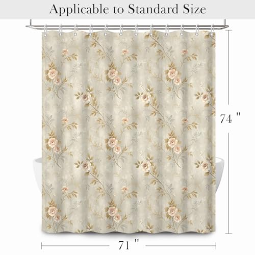 Vintage Floral Shower Curtain 71x74 Inch - Soft Pink Rose & Brown Leaf Printed Bathroom Curtain with Rust-Proof Hooks, Waterproof Fabric Bath Curtain for Classic Romantic Home Decor - color: Floral-d