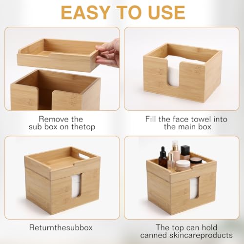 Bamboo Disposable Face Towel Holder with 2 Glass Jars - Open-Top Skincare Organizer for Facial Cleansing Wipes & Beauty Essentials - Bathroom Countertop Vanity Organizer - color: Face Towel Holder With 2 Glass Jars