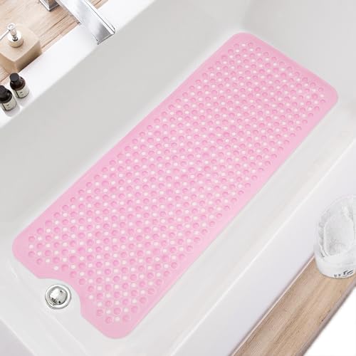 TEESHLY Bath Tub and Shower Mats, Non Slip 40 x 16 Inch Extra Large Bathtub Mat, Machine Washable Bathmat with Drain Holes, Suction Cups for Bathroom Floor, Clear Pink - color: Pink (Translucent)