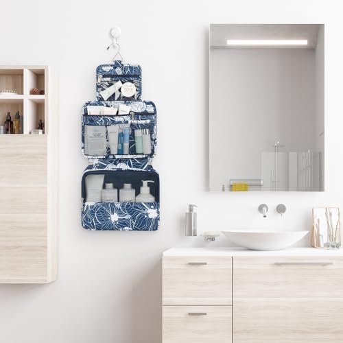Mossio Hanging Toiletry Bag with Sturdy Hook - Large Portable Cosmetic Makeup Travel Organizer for Men & Women - color: Blue Lotus