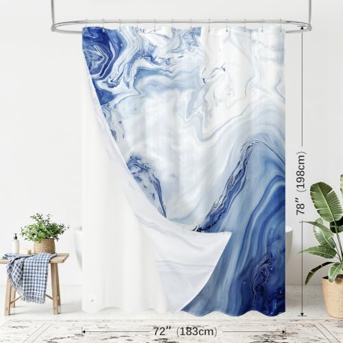 MitoVilla 3 in 1 Long Navy Blue Marble Shower Curtain Set-72 W x 78 H, Modern Ripple Shower Curtain and Waterproof Fabric PEVA Liner Set with 12 Stainless Steel Hooks - color: 3 in 1 - Navy, size: 72"W x 78"L (Pack of 1)
