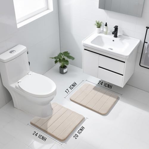 Yimobra U-Shaped Toilet Bath Mat Set 2 Piece - Super Soft Absorbent Quick Dry Memory Foam Bathroom Rugs, Machine Washable Non Slip Floor Carpet for Tub Shower & Single Sink (17x24 & 24x20, Beige) - color: Beige, size: 24x17+24x20 Inch