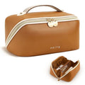 Prite Makeup Bag for Women Travel Waterproof Vegan Leather Cosmetic Bag Open Flat Toiletry Bag With Clear Divider and Handle (New Brown, Medium) - color: New Brown, size: Medium