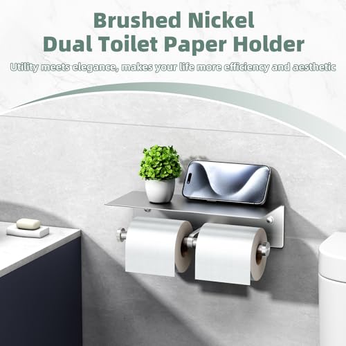 Double Toilet Paper Holder with Shelf Brushed Nickel, APLusee SUS 304 Stainless Steel Contemporary Tissue Roll Holder Mobile Phone Storage Rack - color: Brushed Nickel, size: Double Rod