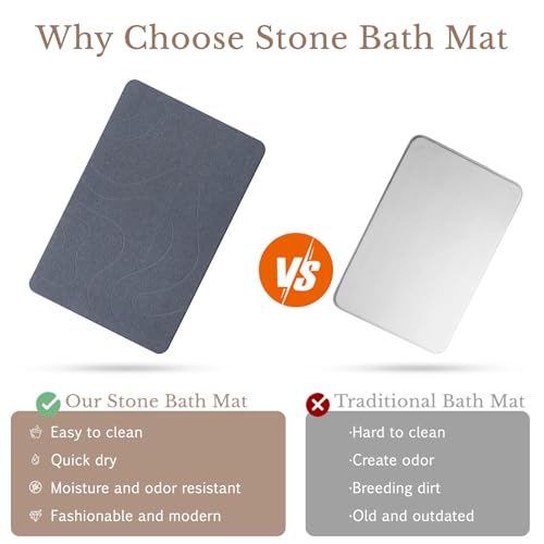 Stone Bath Mat, Natural Diatomaceous Earth Bathroom Rug, Super Absorbent, Quick Dry, Non-Slip Stone Mats for Bathroom, Kitchen, Entryway, Easy to Clean (Curve Dark Grey 1 Pack)