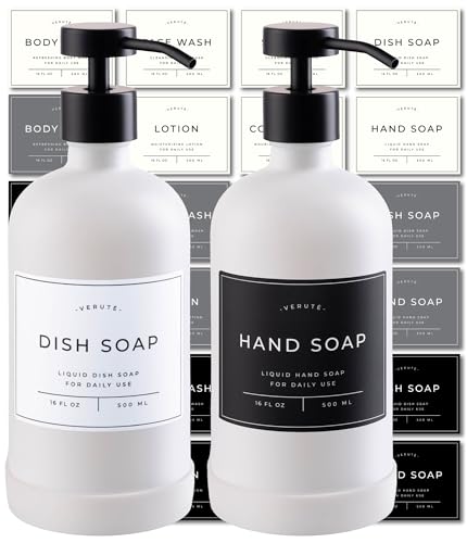 Hand and Dish Soap Dispenser for Kitchen and Bathroom, Set of 2 16 Oz Glass Bottles, Stainless Steel Pumps, Non-Slip Silicone Base, 27 Waterproof Labels (Matte White Bottle/Black Pump) - color: Matte White Bottle / Black Pump