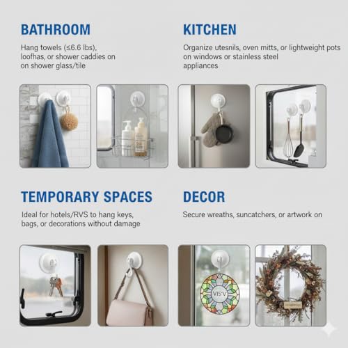 Heavy Duty Suction Cups with Hooks, Waterproof Shower Towel Holder | for Bathroom Wall Tile, Removable No-Drill Vacuum Suction Cup with Hook for Glass Door & Loofah, 4 Pack, White