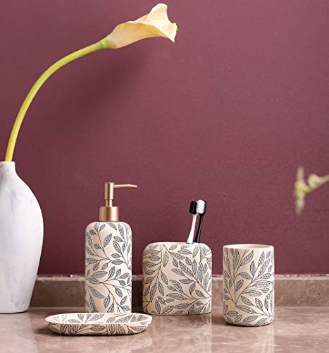 Hymmah Bathroom Accessories Set,Toothbrush Holder,Farmhouse Bathroom Decor,4 Pcs Resin Gift Set Apartment Necessities, Contain Toothbrush Cup,Soap Dispenser,Soap Dish,Tumbler - color: Leaf Grey Yellow