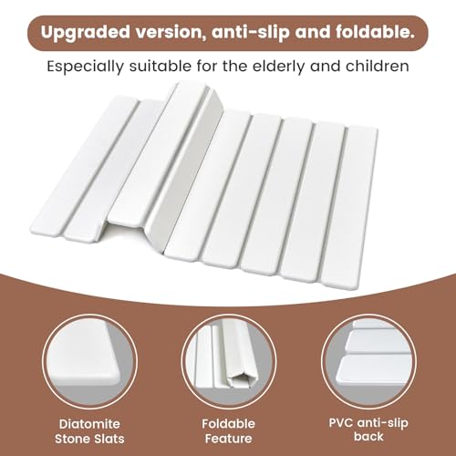 Super Anti-Slip Strong Absorbent Diatomite Pad, Stone Bath Mat 23.6 x 15.5 inches Quick-Dry Pad, Foldable and Easy to Store Bathroom Stone Bath Mat, Suitable for Bathroom, Easy to Clean - color: White