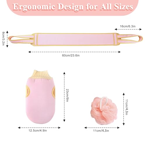 Exfoliating Glove and Back Scrubber for Shower - 3-Piece Exfoliating Mitt Set with Bath Sponge - Deep Skin Cleansing Body Scrubber for Dead Skin Removal, Self-Tan (Pink) - color: Pink