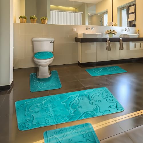 Bathroom Rug Set 5 Piece - Memory Foam Bathroom Mat Set, Soft and Comfortable, Non-Slip Thick Absorbent Bath Mats, Machine Washable, Teal - color: Teal