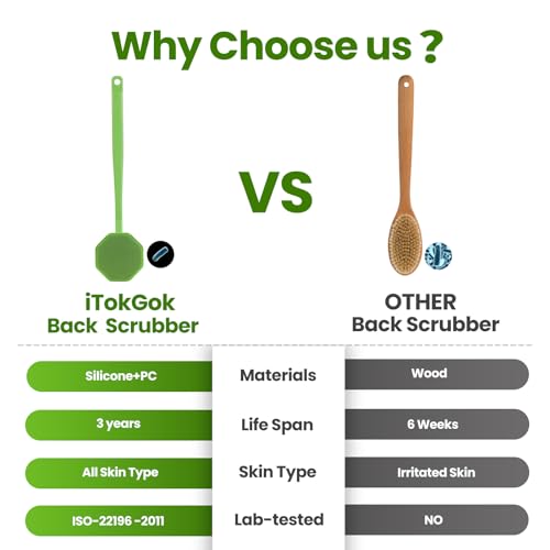 iTokGoK® Silver-Infused Silicone Back Scrubber with Long Handle Back Brush for Shower,Back Brush Long Handle for Men and Women,Ergonomic No-Slip Handle, Long-Lasting (Green) - color: Green