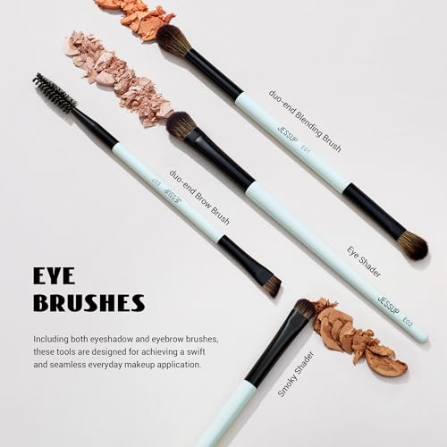 Jessup Makeup Brush Set 6pcs Double Sided Makeup Brushes Foundation Contour Blush Highlight Blending Eyebrow Brush Eyeshadow Brush, Vegan Fiber Make up Brush Bright Cyan T501 - style: T501-6pcs