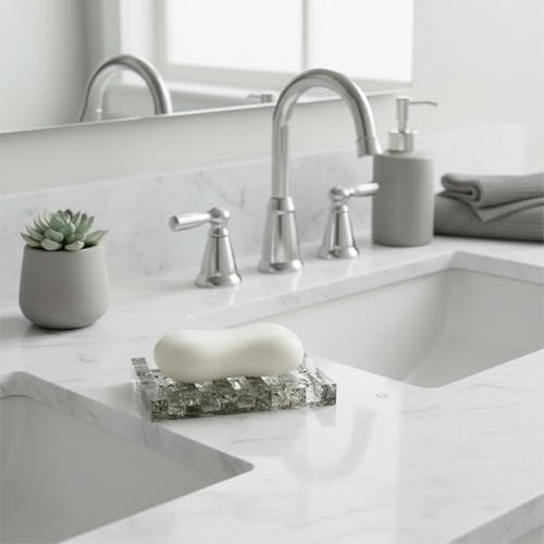Soap Dish Rectangular Draining Holder with Natural Green Inclusions Handcrafted Bathroom Tray Modern Decor Accessory 4.33 x 2.99 x 0.59 Inches (Hair Crystal Double Drain Soap Rack)