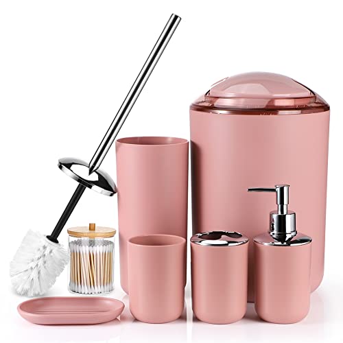 Otostar Plastic Bathroom Accessories Set Decor Countertop Gift Set Bathroom Accessory Set Includes Toothbrush Holder Soap Dispenser Tumbler Soap Dish Toilet Brush Holder Trash Can Qtip Holder (Pink) - style: B-Pink 3308