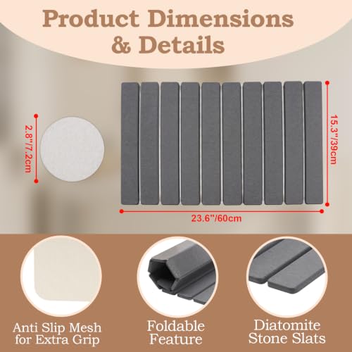 Stone Bath Mat,24 x 15.4 Inch Non-Slip Diatomaceous Earth Mat,Quick Dry Stone Bath Mat for Bathroom,Rollable Super Absorbent Drying Mat for Bahtroom Shower Floor, Dark Grey - color: Dark Grey