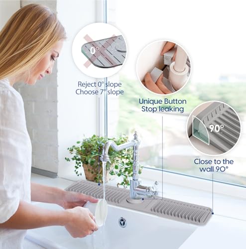 24 Inch Silicone Faucet Mat for Kitchen Sink Splash Guard - 7° Slope Upgraded Water Draining Mat with Fasten Button for Bathroom Area (Gray, 24''x5.5'') - color: Gray, size: 24''x5.5''