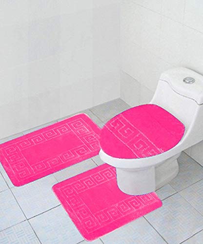 WPM WORLD PRODUCTS MART 3 Piece Bath Rug Set Pattern Bathroom Rug (20"x32")/Large Contour Mat (20"x20") with Lid Cover (Hot Pink) - color: Hot Pink