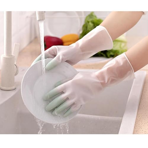 Waterproof Anti-slip Cleaning Gloves 3 Pairs Set, Kitchen and Toilet Household Gloves in Pink, Green, Blue, Size S, Reusable for Dishwashing and Bathroom Cleaning