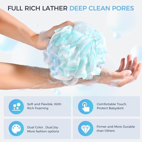 DadyMart Shower Loofah Sponge Pouf – XL Exfoliating Bath Puff Body Scrubber, Soft Mesh Shower Sponge with Reinforced Knot, Rich Lather, Set of 4 for Women and Men - style: Flower