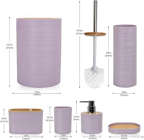CERBIOR Bathroom Accessories Set 6 Piece Bamboo Bath Ensemble Includes Soap Dispenser, Toothbrush Holder, Toothbrush Cup, Soap Dish for Decorative Countertop and Housewarming Gift, Sriral Purple - style: Purple