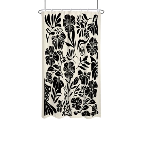 Black Floral Shower Curtain Stall Small Half Single Mini Boho Flower Farmhouse Vintage Gothic Abstarct Retro Funky Botanical Moody Fabric Cloth Bathroom Decor Set 36x72 inch Polyester 7 Hooks - color: Black, size: 36"W x 72"L (Pack of 1)