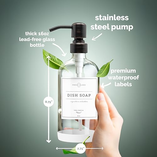 Vine Creations Clear Glass Soap Dispenser, 2 Pack Kitchen Soap Dispenser Set with Stainless Steel Pump, 16 oz Dish Soap and Hand Soap Dispensers for Bathroom with Waterproof Labels - color: Clear Bottle / Round Oil Rubbed Bronze Pump