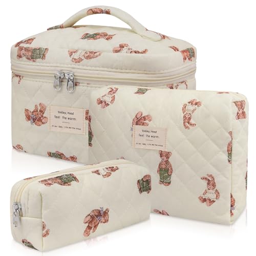 Gosect 3pc Makeup Bag Set, Quilted Makeup Bag Set, Large Floral Cosmetic Bag for Women, Cute Cotton Makeup Bags, Flower Travel Toiletry Organizer Bag (White Bear) - color: White Bear