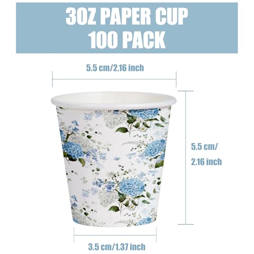 WRAPAHOLIC 3oz Paper Cups - 100 Pack Disposable Bathroom Cups with Hydrangea Flower Design, Small Mouthwash Cup for Toothbrush Rinse, Home Bathroom, Picnic, BBQ, Travel and Party - color: Blue Hydrangea