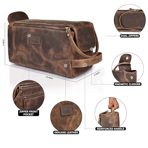 Full Grain Leather Toiletry Bag for Men & Women – Water-Resistant Travel Shaving Kit Organizer with YKK Zipper, Spacious Bathroom Grooming & Cosmetic Storage Case - Walnut Brown - color: Distressed Brown