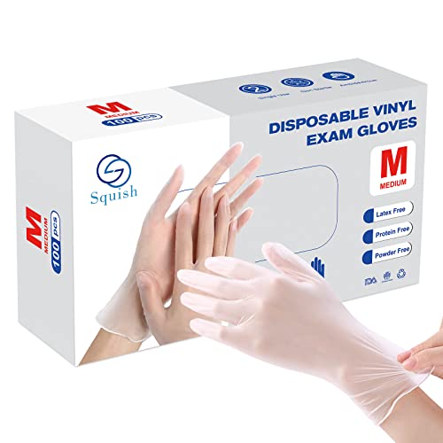 squish Disposable Gloves, 100 Count 4 mil Clear Vinyl Gloves Latex Free Powder-Free Health Glove Cleaning Rubber Glove for Kitchen Cooking Cleaning Food Handling, Medium - size: Medium (Pack of 100)