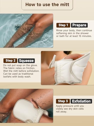 Exfoliating Glove (Original) Machine Washable Newly Upgraded With Thumb Holes Korean Body Scrubber 100% Vegan Viscose Exfoliating Mitt for Dead Skin Removal, Keratosis Pilaris & Self-Tan Prep - color: 2Pack-Beige