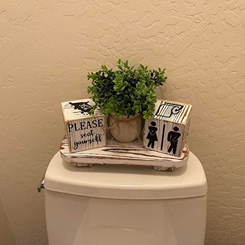 Liswit Farmhouse Funny Bathroom Decor Signs, 3 Wooden Blocks with Plant & Tray, Rustic Decoration for Bathroom Countertop