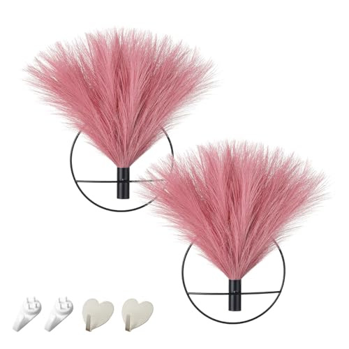 Pretty Jolly Boho Wall Art, Hanging Artificial Pampas Display, 2 Pack - Living Room, Bedroom, Bathroom, Dining Room - color: 21-pampas-DarkPink - Black Ring, size: S 7.8inch (Black Ring)