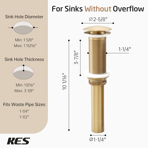 KES All-Metal Pop Up Bathroom Sink Drain, Extended Thread for Thicker Vessel Sinks & Countertops, Durable Brass & Stainless Steel, No Overflow, Brushed Gold, S2022D-BZ - color: Brushed Gold, style: NO Overflow, Long Thread